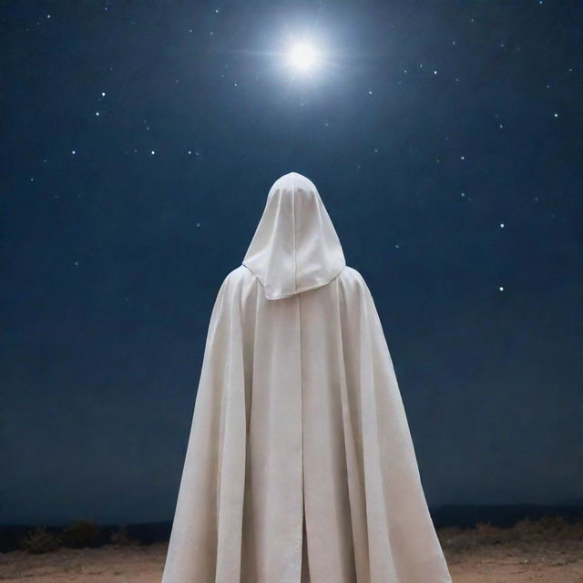 A dignified figure, cloaked in a white robe, emanating a divine light, standing under the tranquil night sky.