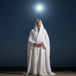 A dignified figure, cloaked in a white robe, emanating a divine light, standing under the tranquil night sky.