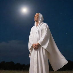 A dignified figure, cloaked in a white robe, emanating a divine light, standing under the tranquil night sky.