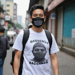 A man in a mask, carrying a backpack, wearing a shirt with 'DNR Rachman' printed boldly