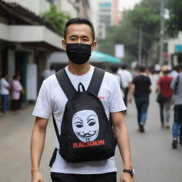 A man in a mask, carrying a backpack, wearing a shirt with 'DNR Rachman' printed boldly