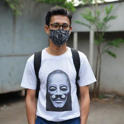 A man in a mask, carrying a backpack, wearing a shirt with 'DNR Rachman' printed boldly