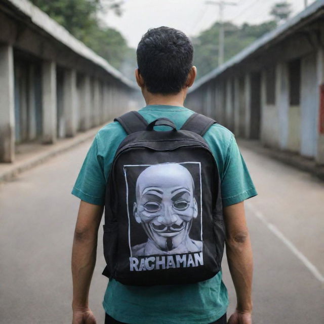 A man in a mask, carrying a backpack, wearing a shirt with 'DNR Rachman' printed boldly