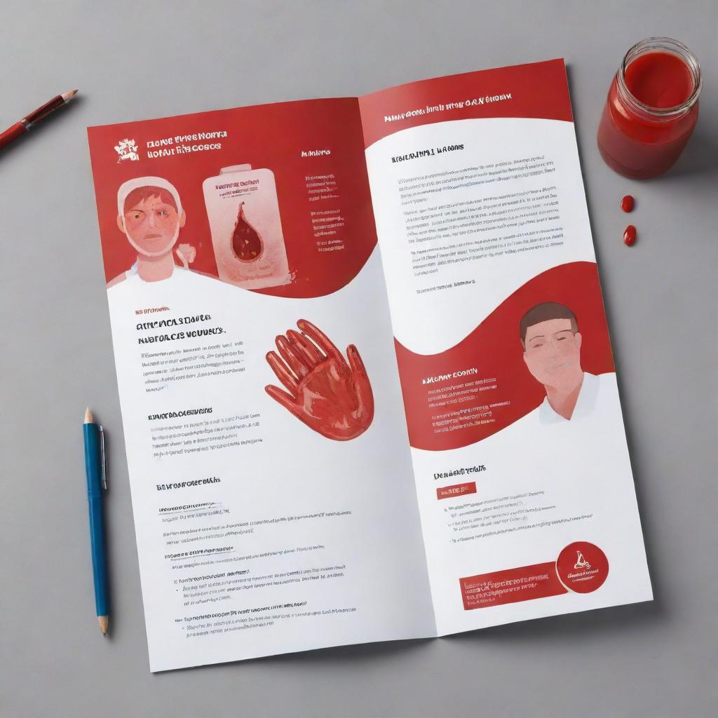 An awareness brochure for students about blood exposure accidents, filled with informative content and vivid illustrations portraying safe procedures.