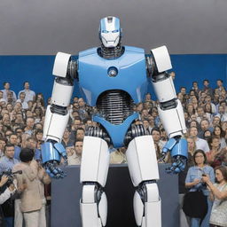 Illustrate a comic-style scene where a muscular prototype robot with a blue and white color scheme is being introduced at a massive press conference, attended by hundreds of journalists.