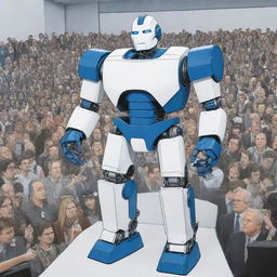 Illustrate a comic-style scene where a muscular prototype robot with a blue and white color scheme is being introduced at a massive press conference, attended by hundreds of journalists.