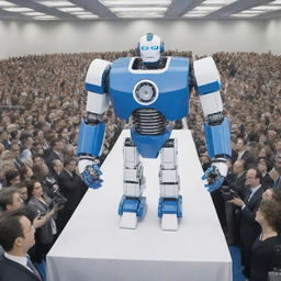 Illustrate a comic-style scene where a muscular prototype robot with a blue and white color scheme is being introduced at a massive press conference, attended by hundreds of journalists.