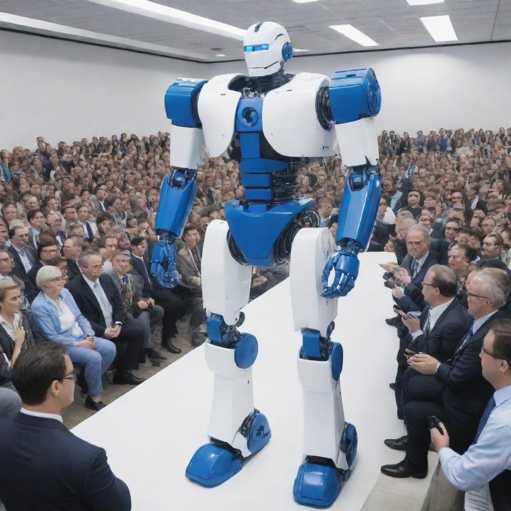 Illustrate a comic-style scene where a muscular prototype robot with a blue and white color scheme is being introduced at a massive press conference, attended by hundreds of journalists.