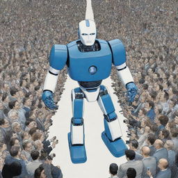 Comic-like scene where a muscular, prototype robot with blue and white colors is introduced to a crowd of hundreds of journalists in a massive press conference