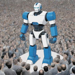 Comic-like scene where a muscular, prototype robot with blue and white colors is introduced to a crowd of hundreds of journalists in a massive press conference