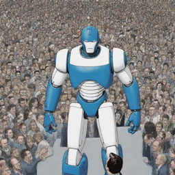 Comic-like scene where a muscular, prototype robot with blue and white colors is introduced to a crowd of hundreds of journalists in a massive press conference