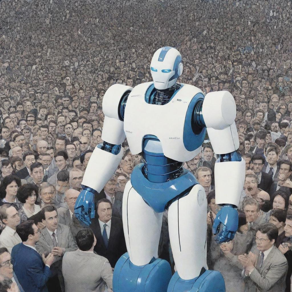 Comic-like scene where a muscular, prototype robot with blue and white colors is introduced to a crowd of hundreds of journalists in a massive press conference