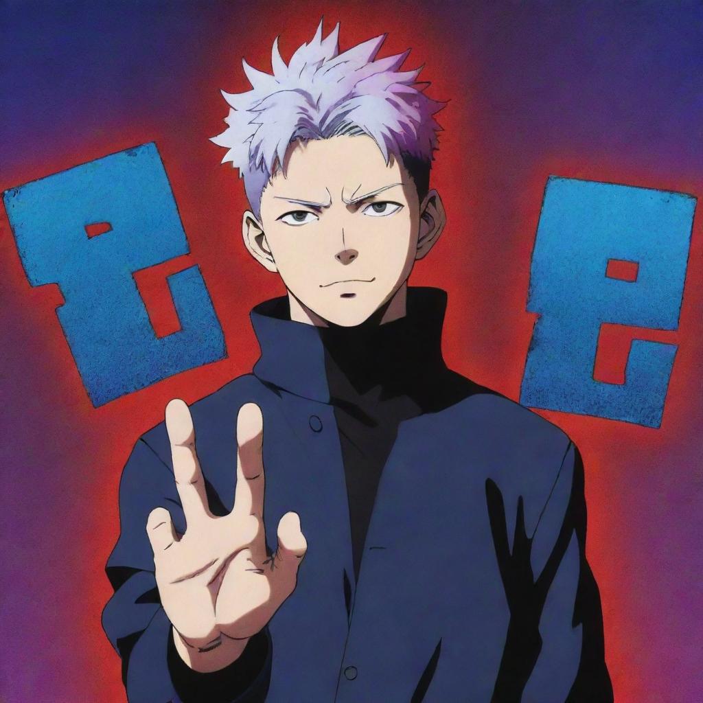 Gojo Satoru from Jujutsu Kaisen surrounded by vivid blue, red, and purple effects, holding a 'shut up' sign