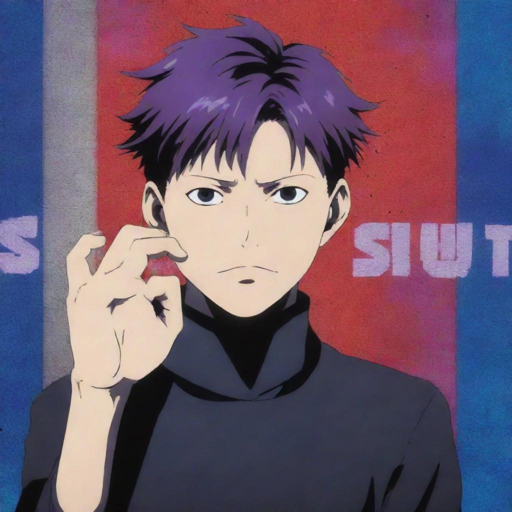 Gojo Satoru from Jujutsu Kaisen surrounded by vivid blue, red, and purple effects, holding a 'shut up' sign