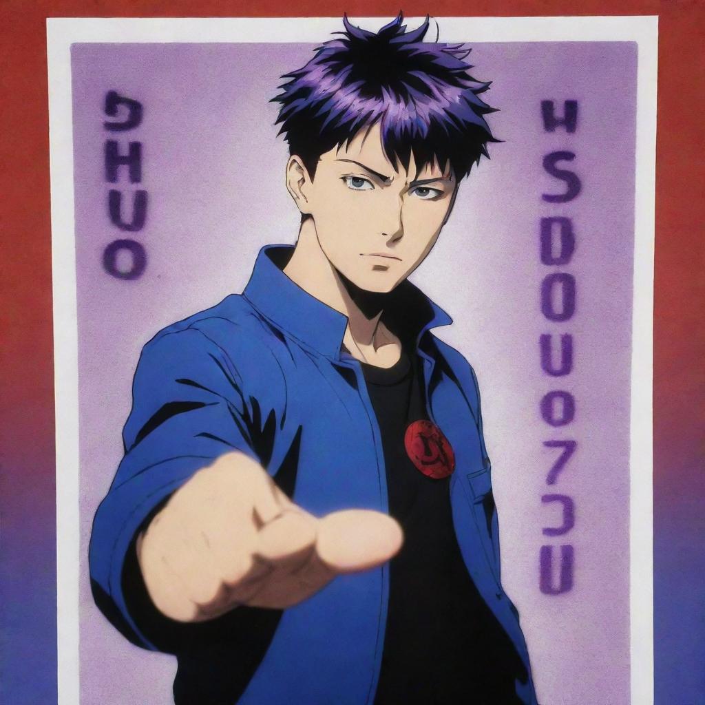 Gojo Satoru from Jujutsu Kaisen surrounded by vivid blue, red, and purple effects, holding a 'shut up' sign