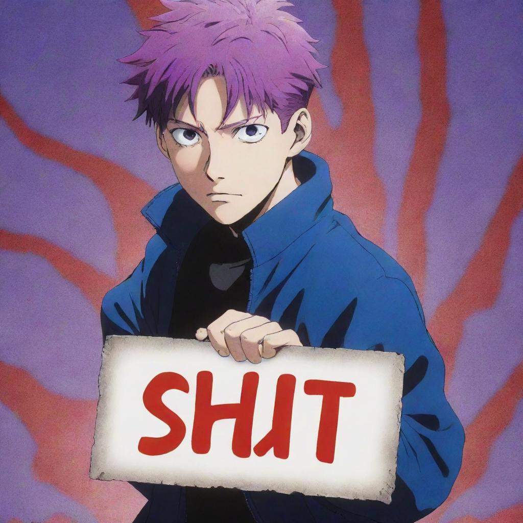 Gojo Satoru from Jujutsu Kaisen surrounded by vivid blue, red, and purple effects, holding a 'shut up' sign