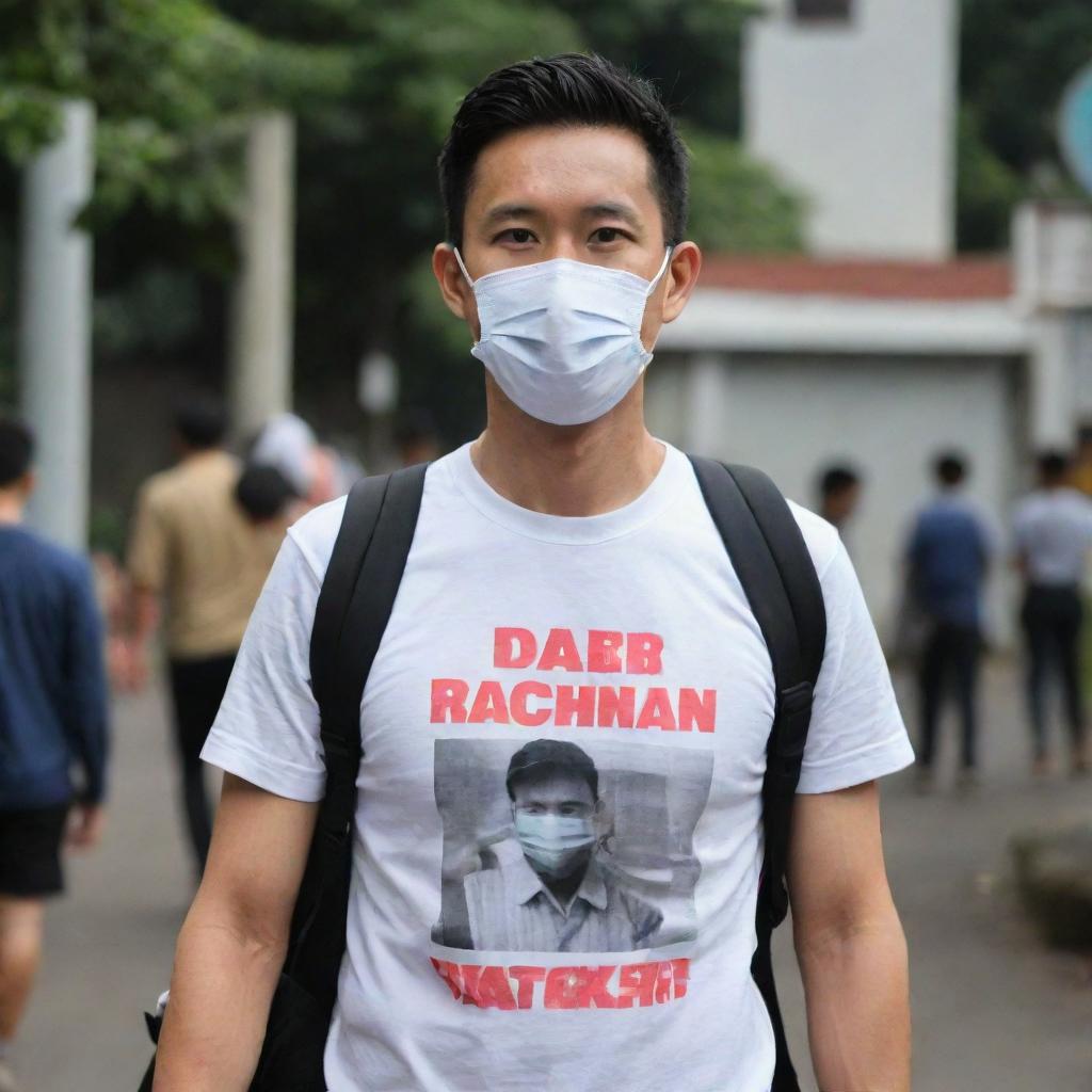 A man wearing a mask, carrying a backpack, and donned in a shirt with 'DNR Rachman' noticeably printed