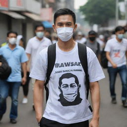 A man wearing a mask, carrying a backpack, and donned in a shirt with 'DNR Rachman' noticeably printed