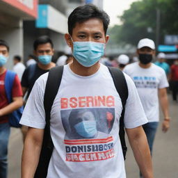 A man wearing a mask, carrying a backpack, and donned in a shirt with 'DNR Rachman' noticeably printed