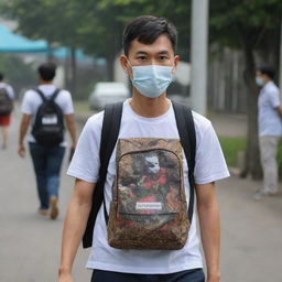 A man wearing a mask, carrying a backpack, and donned in a shirt with 'DNR Rachman' noticeably printed