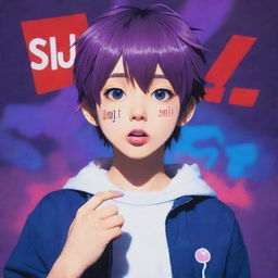 Anime boy surrounded by vivid blue, red, and purple effects, holding a 'shut up' sign over his mouth