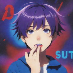 Anime boy surrounded by vivid blue, red, and purple effects, holding a 'shut up' sign over his mouth