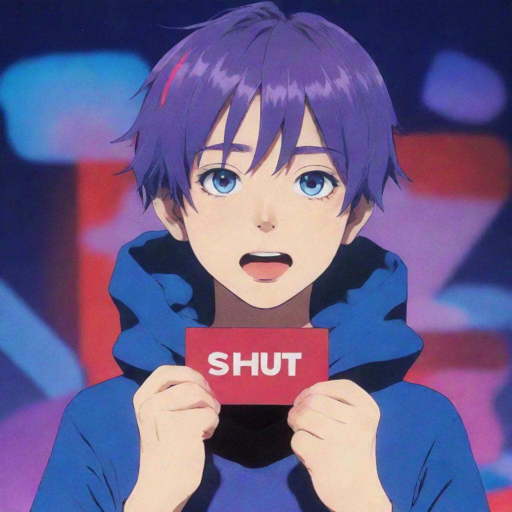 Anime boy surrounded by vivid blue, red, and purple effects, holding a 'shut up' sign over his mouth