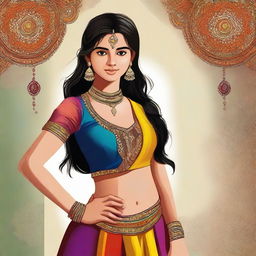 A digital art piece depicting a teen girl of Desi origin, dressed in a tasteful and age-appropriate manner