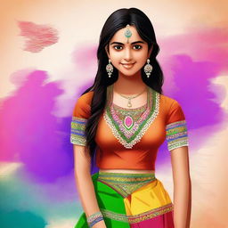 A digital art piece depicting a teen girl of Desi origin, dressed in a tasteful and age-appropriate manner