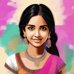 A digital art piece depicting a teen girl of Desi origin, dressed in a tasteful and age-appropriate manner