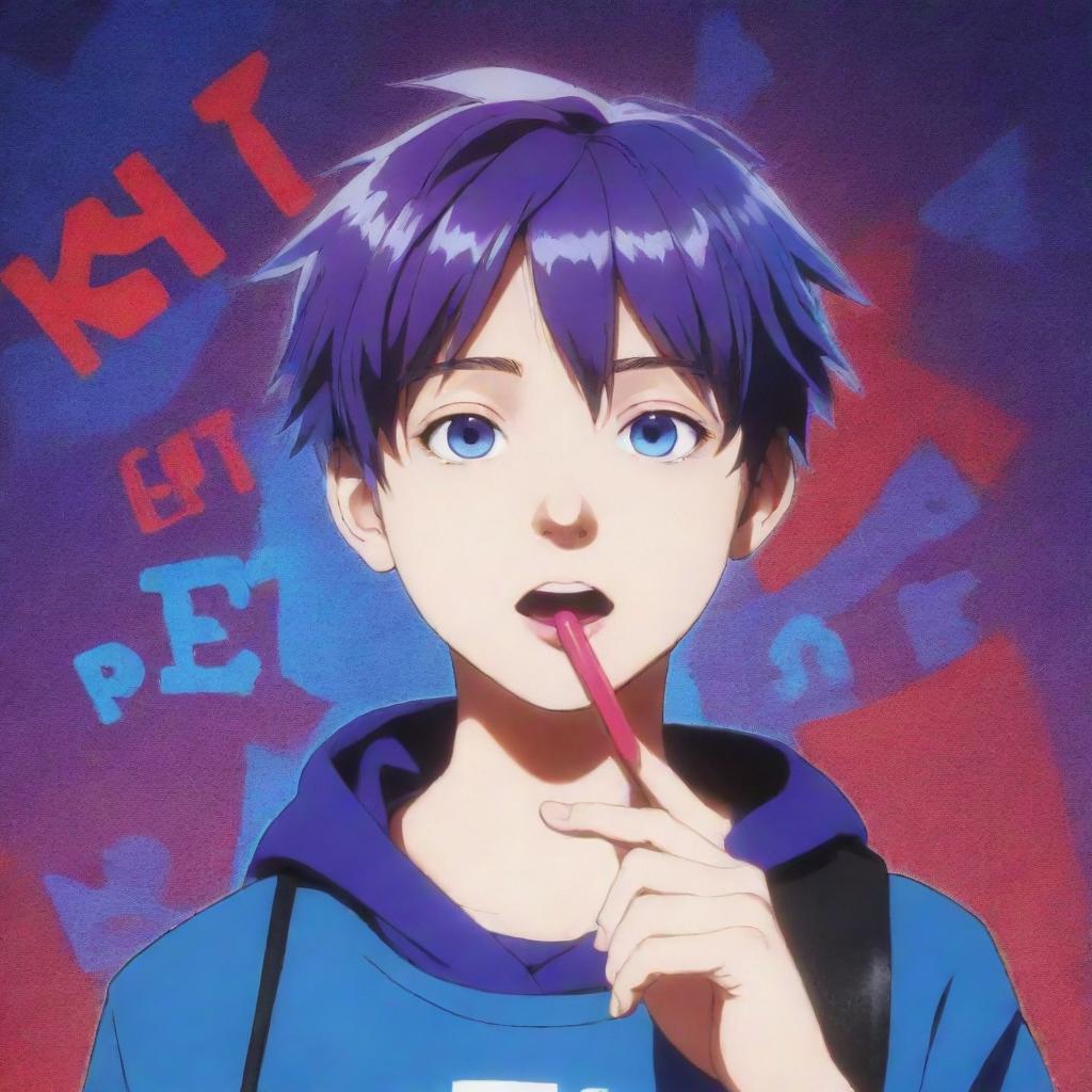 Anime boy surrounded by vivid blue, red, and purple effects, holding a 'shut up' sign over his mouth