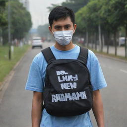 A masked man with a backpack, wearing a shirt bearing the inscription 'DNR Rachman'