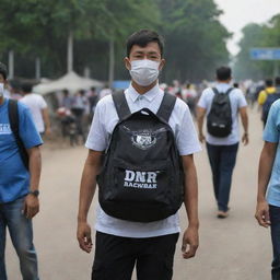 A masked man with a backpack, wearing a shirt bearing the inscription 'DNR Rachman'