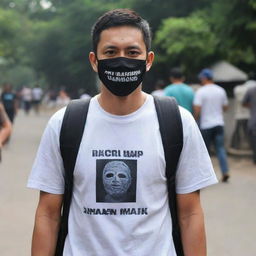 A masked man with a backpack, wearing a shirt bearing the inscription 'DNR Rachman'