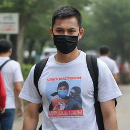 A masked man with a backpack, wearing a shirt bearing the inscription 'DNR Rachman'