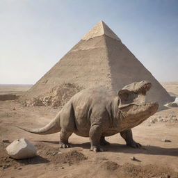 A dinosaur hauling a large stone towards a pyramid under construction