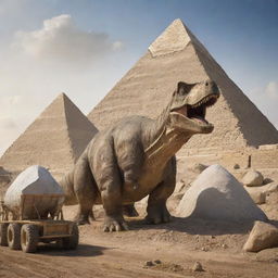 A dinosaur hauling a large stone towards a pyramid under construction