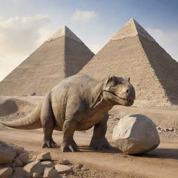 A dinosaur hauling a large stone towards a pyramid under construction