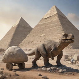 A dinosaur hauling a large stone towards a pyramid under construction