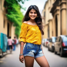A high-quality photograph showcasing a Desi teenage girl in shorts