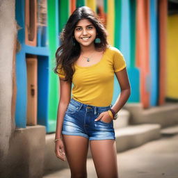 A high-quality photograph showcasing a Desi teenage girl in shorts