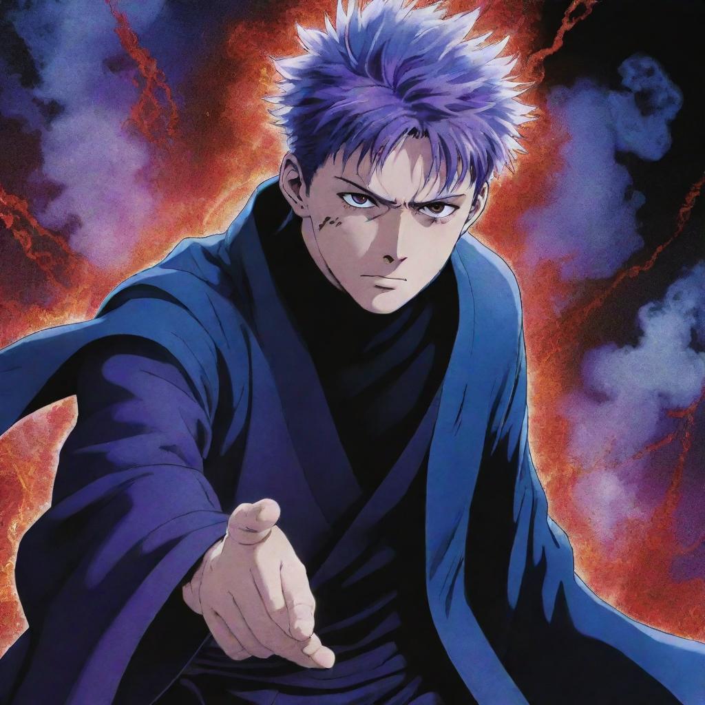 Gojo Satoru, a powerful sorcerer character from Jujutsu Kaisen, surrounded by ethereal effects of blue, red, and purple hues