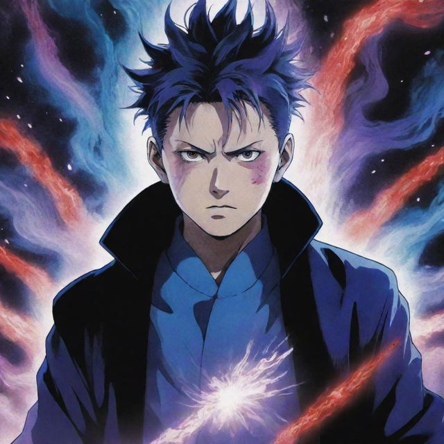 Gojo Satoru, a powerful sorcerer character from Jujutsu Kaisen, surrounded by ethereal effects of blue, red, and purple hues