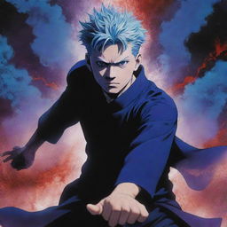 Gojo Satoru, a powerful sorcerer character from Jujutsu Kaisen, surrounded by ethereal effects of blue, red, and purple hues