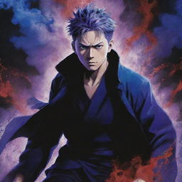 Gojo Satoru, a powerful sorcerer character from Jujutsu Kaisen, surrounded by ethereal effects of blue, red, and purple hues