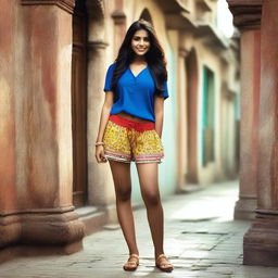 This is a high-quality photograph of a Desi girl dressed in shorts