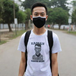 A masked man with a backpack, clad in a shirt that has 'DNR Rachman' boldly printed on it