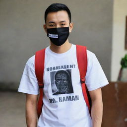 A masked man with a backpack, clad in a shirt that has 'DNR Rachman' boldly printed on it