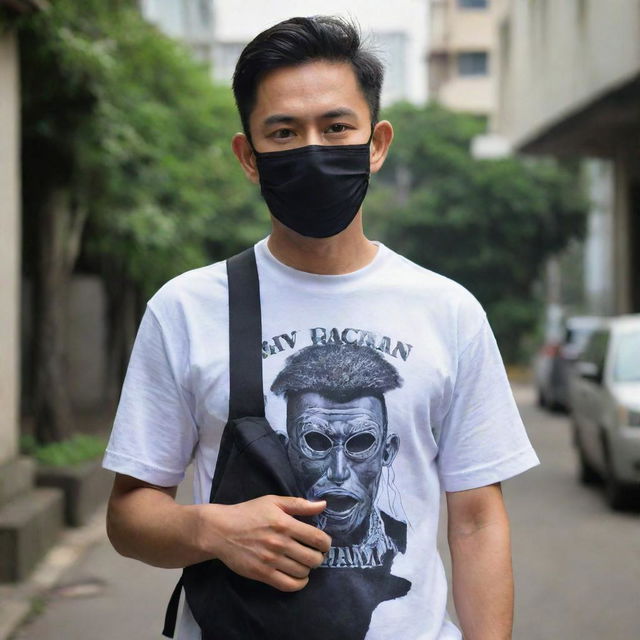 A masked man with a backpack, clad in a shirt that has 'DNR Rachman' boldly printed on it