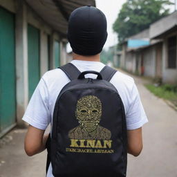 A masked man with a backpack, clad in a shirt that has 'DNR Rachman' boldly printed on it